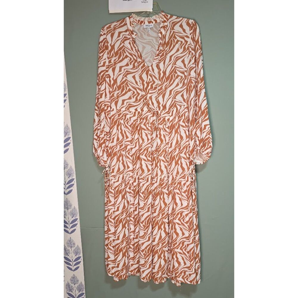 FRESHA London Daphine Maxi Dress Orange White Zebra Tiered Boho L/S V-Neck SZ: M - Picture 6 of 9